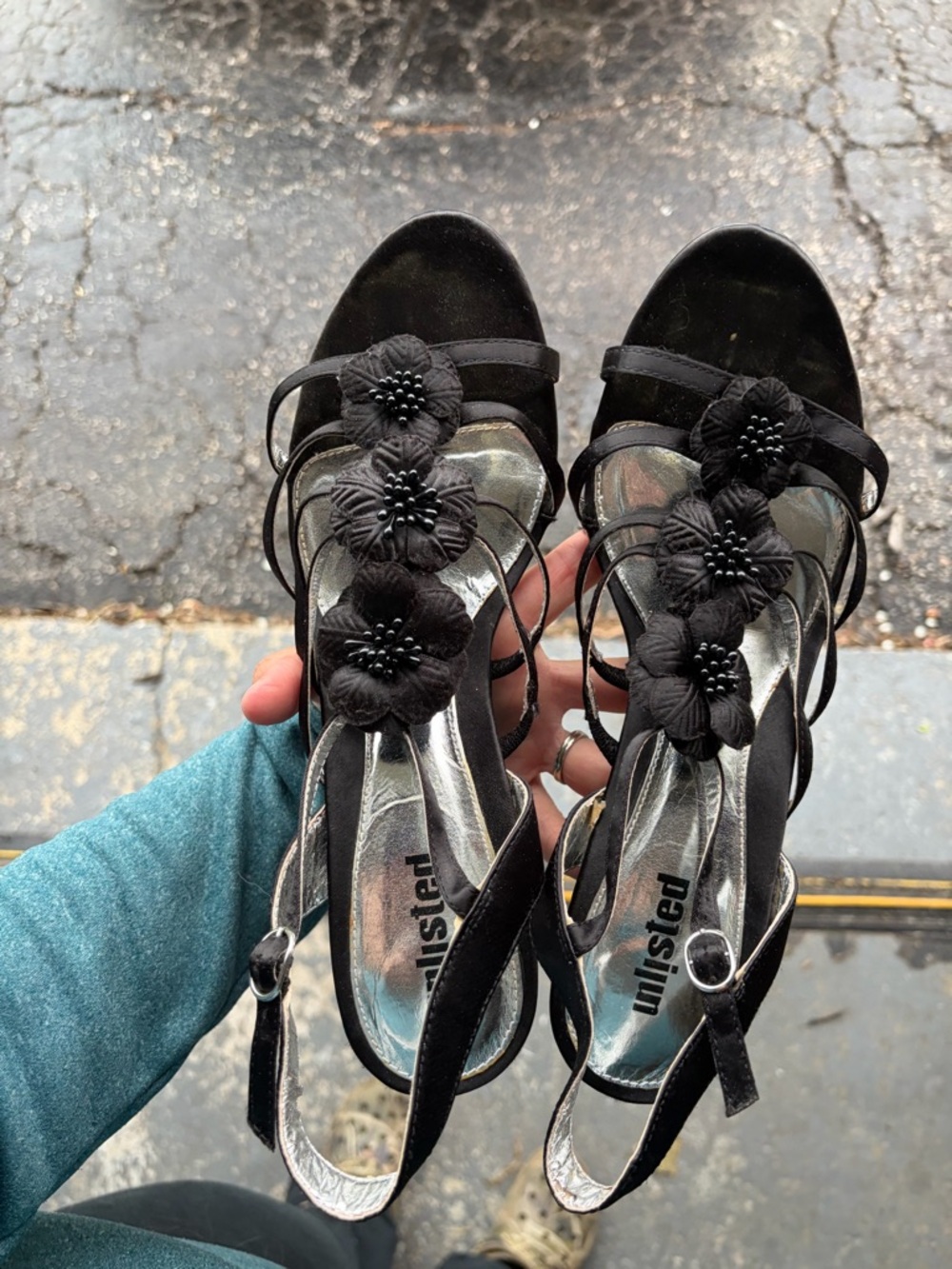 Unlisted Black and silver Floral Strappy Heels